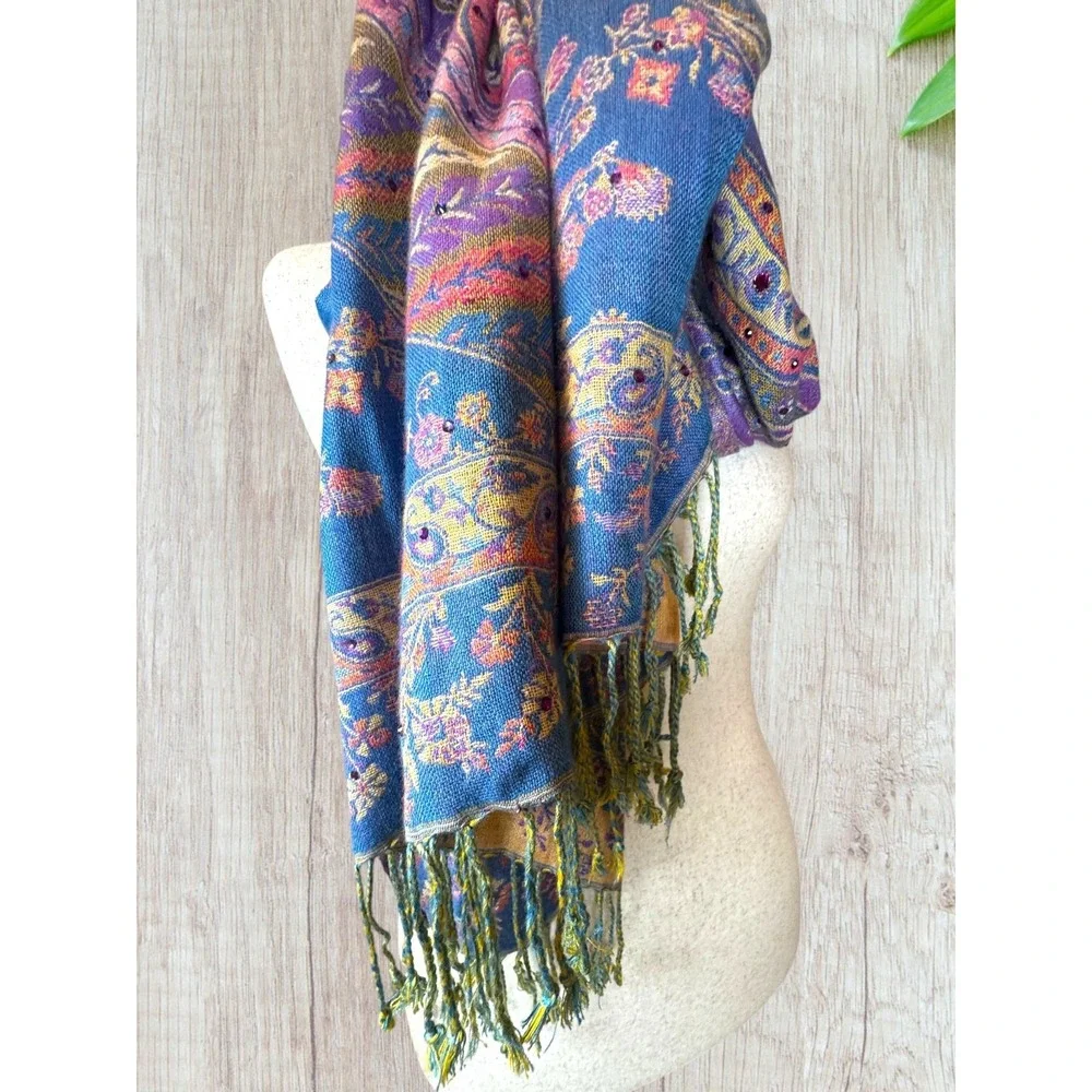Boho Paisley Embellished Scarf Blue Pink Multi Fringe Indie Artsy Festival - Picture 4 of 5